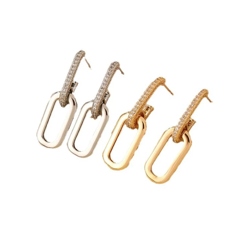 Double Link Gold Drop Earrings – Pavé Chain Hoops