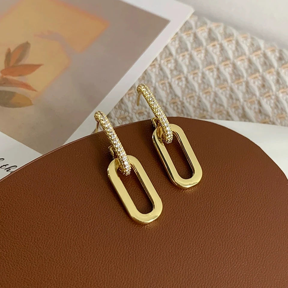 Double Link Gold Drop Earrings – Pavé Chain Hoops