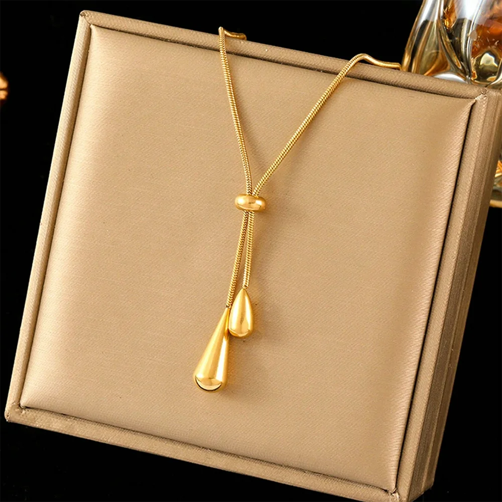 Gold Teardrop Lariat Necklace – Double Drop Pendant