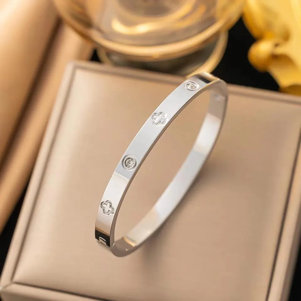 Gold Stainless Steel Zirconia Bangle Bracelet