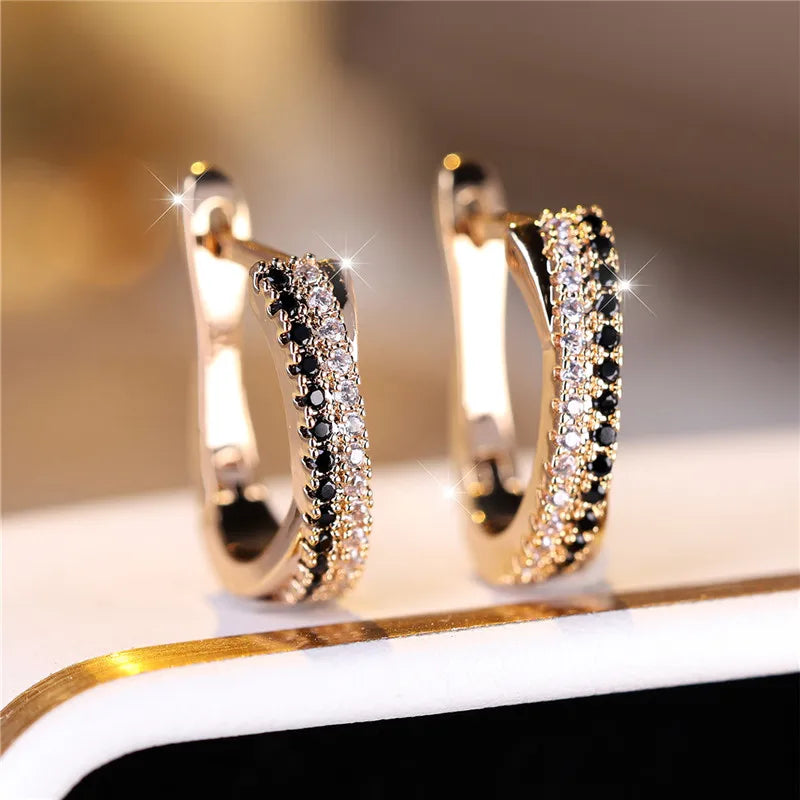 Gold Huggie Hoop Earrings – Black & White Rhinestone Design