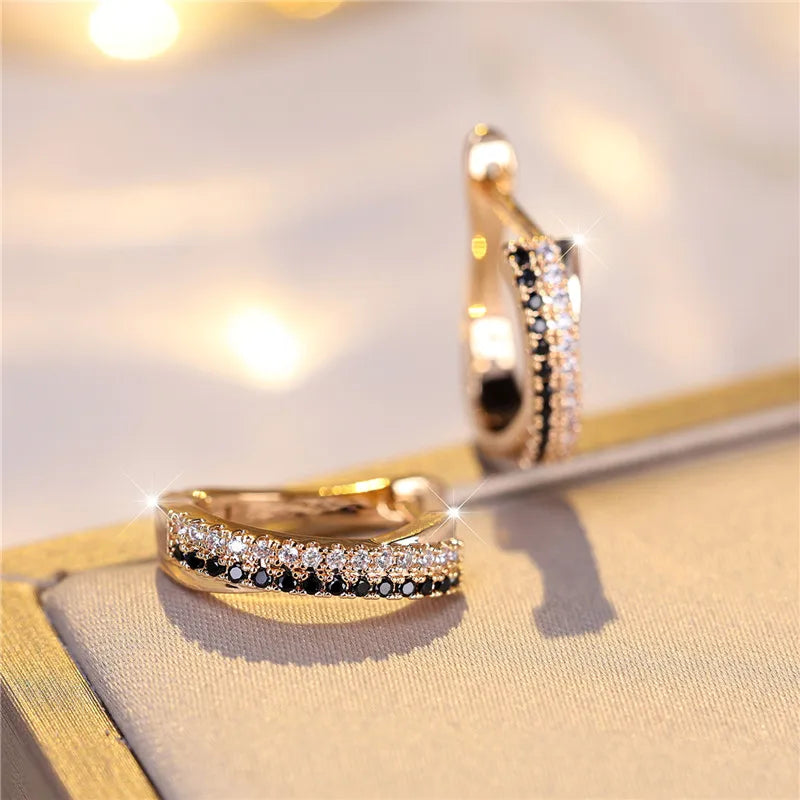 Gold Huggie Hoop Earrings – Black & White Rhinestone Design