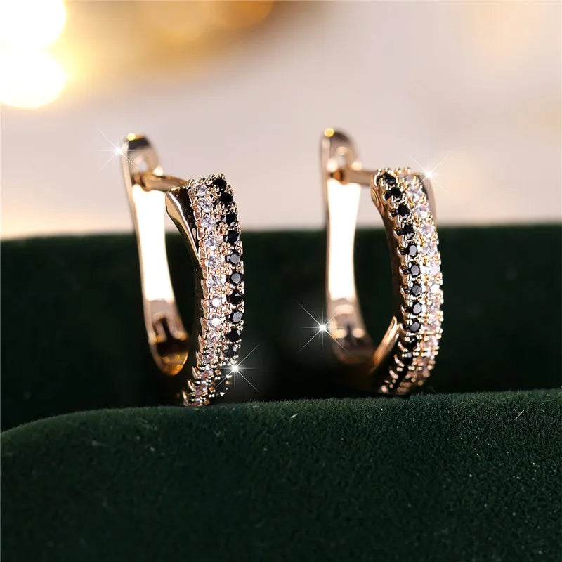 Gold Huggie Hoop Earrings – Black & White Rhinestone Design