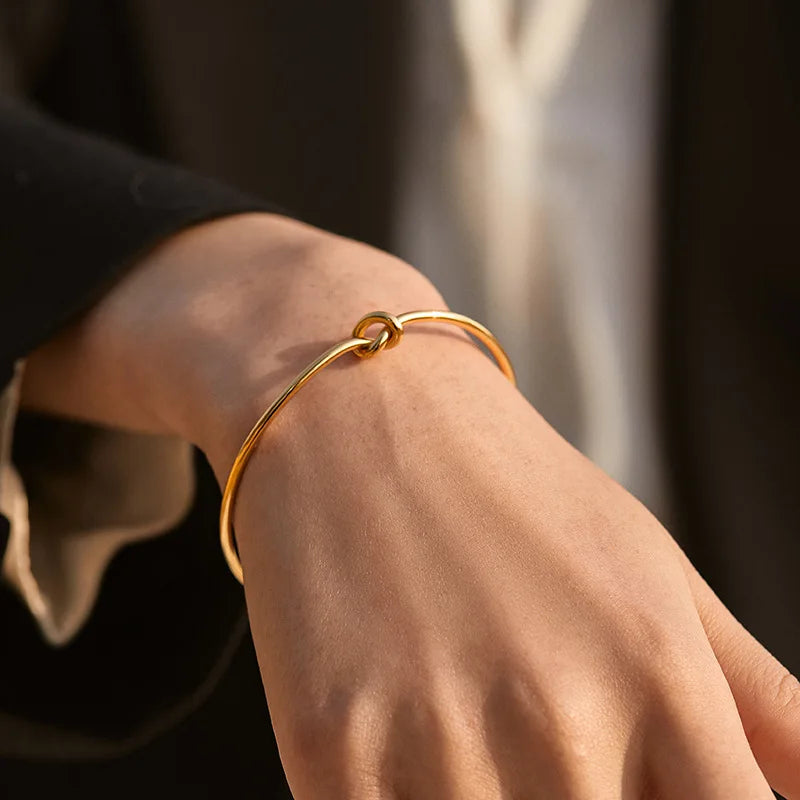 Gold Twisted Knot Open Cuff Bracelet – Adjustable Minimalist Bangle for Women