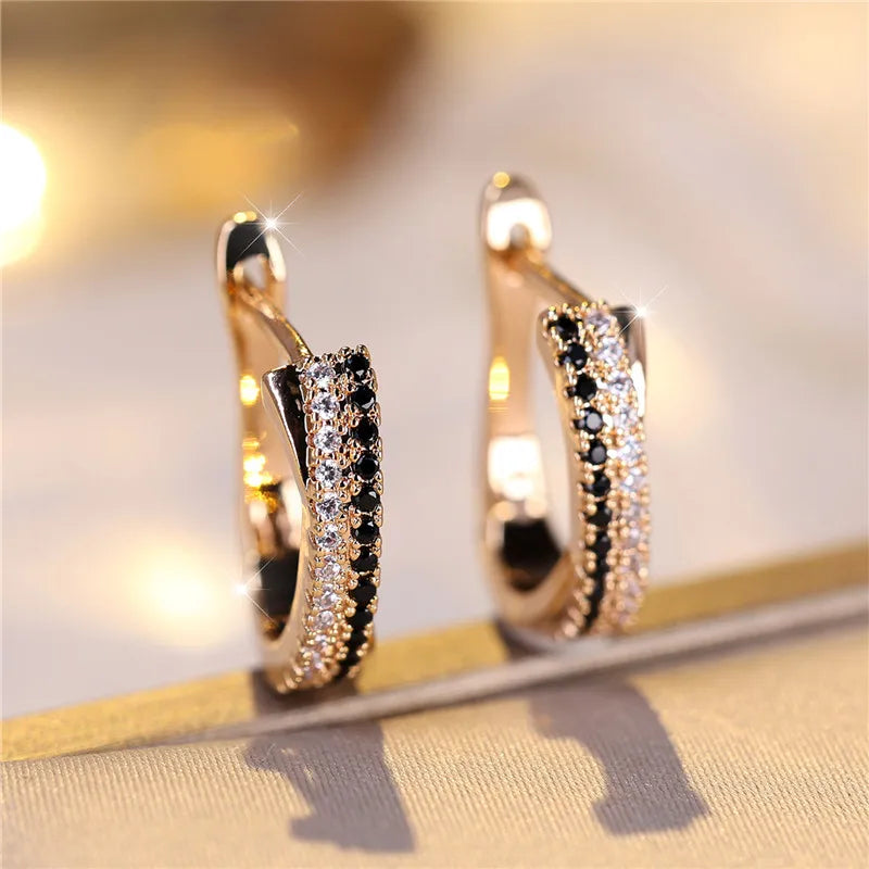Gold Huggie Hoop Earrings – Black & White Rhinestone Design