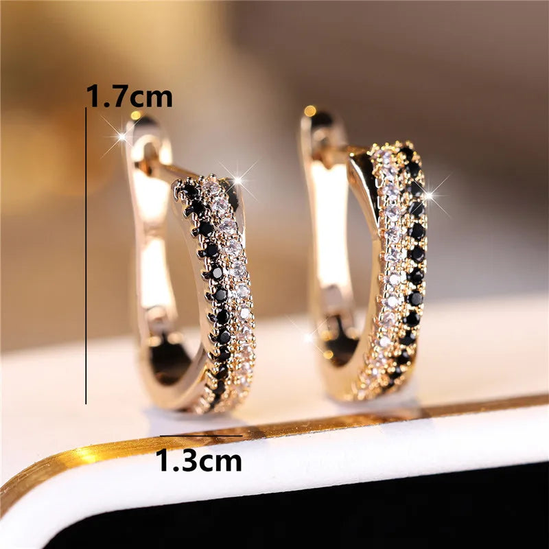 Gold Huggie Hoop Earrings – Black & White Rhinestone Design