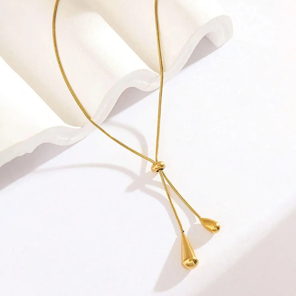 Gold Teardrop Lariat Necklace – Double Drop Pendant