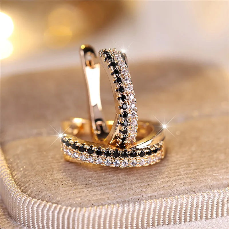 Gold Huggie Hoop Earrings – Black & White Rhinestone Design