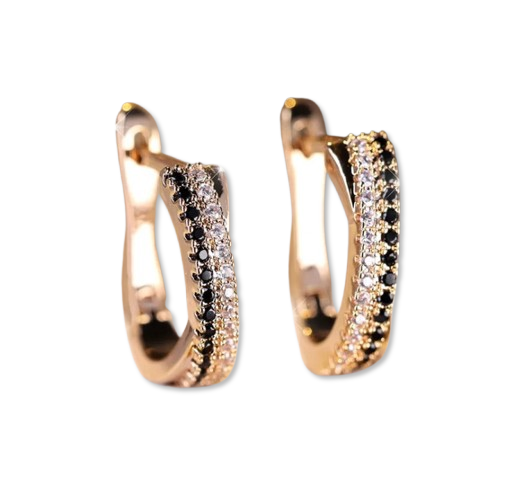 Gold Huggie Hoop Earrings – Black & White Rhinestone Design